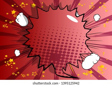 Vector illustrated retro comic book background with big colored speech bubble, pop art vintage style backdrop.