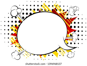 Vector illustrated retro comic book background with big blank speech bubble isolated on white, pop art vintage style backdrop.