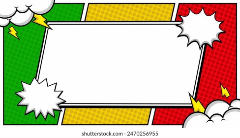 Vector illustrated retro comic book background with big blank copy space, pop art vintage style backdrop on a colorful page.