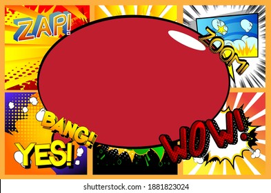 Vector illustrated retro comic pop art background with place for text. Advertising frame with comic book effect, expression words.