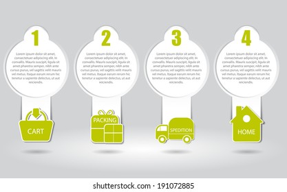 Vector illustrated scheme of the process of buying in the eshop with icons and place for texts. Can be used as instruction for shopping on internet.