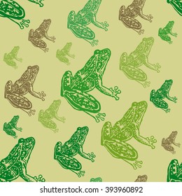 Vector illustrated seamless animal pattern. Colorful engraved frogs on green background. Animal pattern