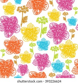 Vector illustrated seamless floral pattern. Colorful engraved flowers on  white background