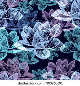 Vector illustrated seamless floral pattern. Colorful engraved water lily flowers on dark background