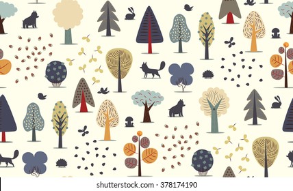 The vector illustrated seamless pattern of flat forest elements - various trees, wild animals and seeds.