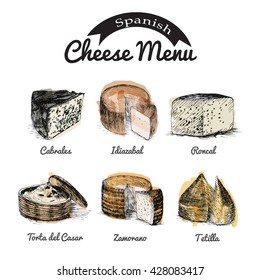 Vector illustrated Set #1 of Spanish Cheese Menu. Illustrative sorts of cheese from Spain