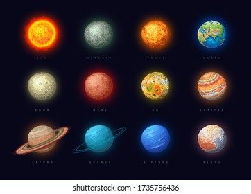 Conjunto de vectores ilustrado de 12 cuerpos celestes sobre fondo oscuro con sol, mercurio, Venus, Tierra, Luna, Marte, Io, Júpiter, Saturno, Urano, Neptuno y Plutón.