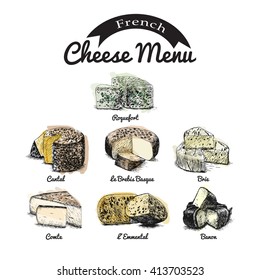 Vector illustrated Set #2 of French Cheese Menu. Illustrative sorts of cheese from France.