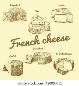 Vector illustrated Set #3 of French Cheese Menu. Illustrative sorts of cheese from France.