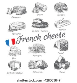 Vector illustrated Set #4 of French Cheese Menu. Illustrative sorts of cheese from France.