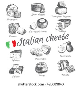 Vector ilustrado Set #4 do Menu Queijo Italiano. Tipos ilustrativos de queijo da Itália