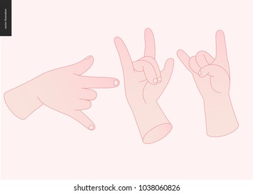 The vector illustrated set of outlined hand drawn hands with various gestures