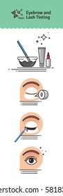 Vector Illustrated set with salon Brow & Eyelash Tints. Infographics with icons of cosmetic procedures for eyelash.
