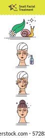 Vector Illustrated set with salon snail facial treatment. Infographics with icons of cosmetic procedures for face skin.