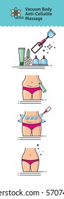 Vector Illustrated set with salon vacuum body anti-cellulite massage. Infographics with icons of  procedures for body.