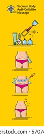 Vector Illustrated set with salon vacuum body anti-cellulite massage. Infographics with icons of  procedures for body.