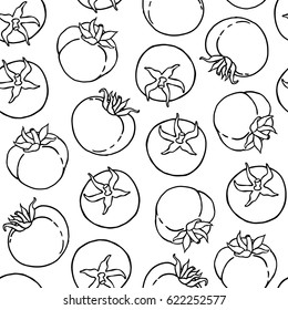 Vector illustrated sketchy seamless  vegetables pattern. Pop art style black and white background with different tomatoes