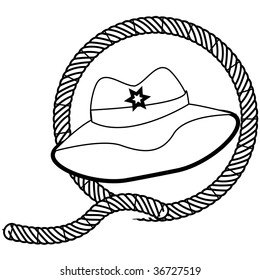 a vector illustrated stamp of a cowboy hat and rope