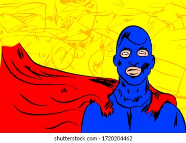 Vector ilustró superhéroe, jóvenes con una máscara azul y capa roja con fondo amarillo.
