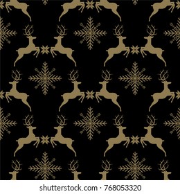 Vector illustrated traditional nordic pattern with gold deers and snowflakes. Seamless Christmas background
