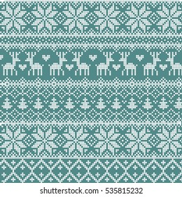 Vector illustrated traditional red nordic pattern with deers, hearts, snowflakes and Christmas trees