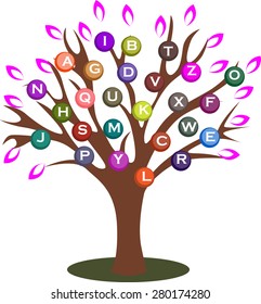 Vector illustrated tree with letters in colorful balls.