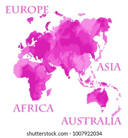 Vector illustrated watercolor style world map parts like Europe, Asia, Africa and Australia painted in violet purple ink color splash