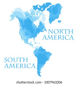 Vector illustrated watercolor style world map parts like North and South America painted in blue ink color