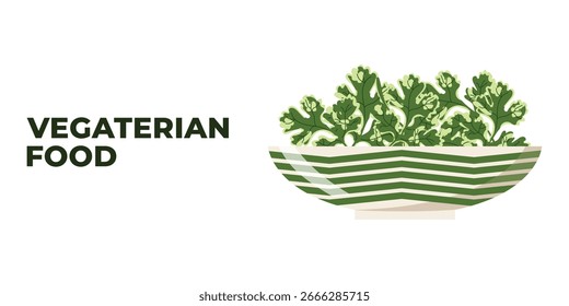 Vector ilustrado de Web Anuncio de escritorio de un plato con comida vegetariana saludable. Concepto de nutrición sin gluten para carteles, empaques, marcas y Diseño web