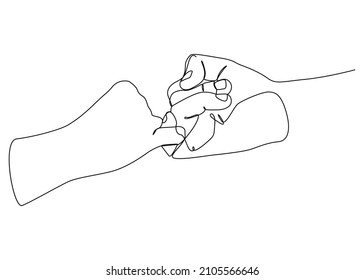 Vector Illustrated Woman And Man Holding Hands Together With Little Fingers. Simple Line Art. Concept For Promise, Pinky Swear And Trust.