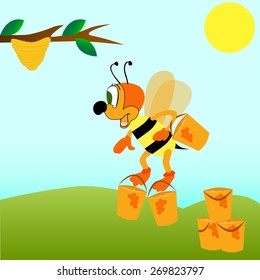 Vector illustrated worker bee carrying three honeypot. 
