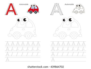 Vector illustrated worksheet. Learn handwriting. Gaming and education. Page to be traced. Easy educational kid game. Simple level. Complete eng alphabet. Tracing worksheet for letter A. Automobile.