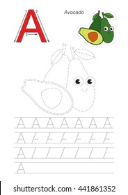 Vector illustrated worksheet. Learn handwriting. Gaming and education. Page to be traced. Easy educational kid game. Simple level. Complete eng alphabet. Tracing worksheet for letter A. Ripe Avocado.
