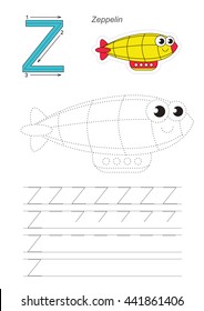 Vector illustrated worksheet. Learn handwriting. Gaming and education. Page to be traced. Easy educational kid game. Simple level. Complete eng alphabet. Tracing worksheet for letter Z. Funny Zeppelin