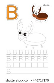 Vector illustrated worksheet. Learn handwriting. Gaming and education. Page to be traced. Easy educational kid game. Simple level. Complete eng alphabet. Tracing worksheet for letter B. Bug.