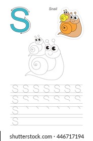 Vector illustrated worksheet. Learn handwriting. Gaming and education. Page to be traced. Easy educational kid game. Simple level. Complete eng alphabet. Tracing worksheet for letter S. Snail.