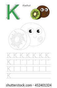 Vector illustrated worksheet. Learn handwriting. Gaming and education. Page to be traced. Easy educational kid game. Simple level. Complete eng alphabet. Tracing worksheet for letter K. Kiwi.
