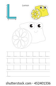 Vector illustrated worksheet. Learn handwriting. Gaming and education. Page to be traced. Easy educational kid game. Simple level. Complete eng alphabet. Tracing worksheet for letter L. Lemon.