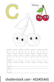 Vector illustrated worksheet. Learn handwriting. Gaming and education. Page to be traced. Easy educational kid game. Simple level. Complete eng alphabet. Tracing worksheet for letter C. Cherry.