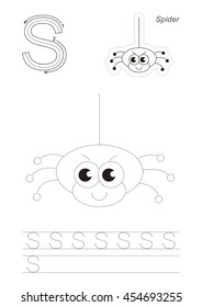 Vector illustrated worksheet. Learn handwriting. Gaming and education. Page to be traced. Easy educational kid game. Simple level. Complete eng alphabet. Tracing worksheet for letter S. Spider.