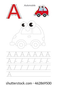 Vector illustrated worksheet. Learn handwriting. Gaming and education. Page to be traced. Easy educational kid game. Simple level.Complete eng alphabet. Tracing worksheet for letter A. Red Automobile.