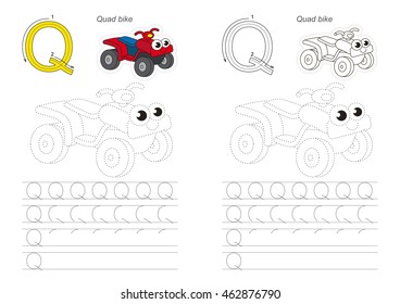 Vector illustrated worksheet. Learn handwriting. Gaming and education. Page to be traced. Easy educational kid game. Simple level. Complete eng alphabet. Tracing worksheet for letter Q. Quad Bike.