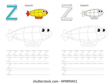 Vector illustrated worksheet to preschool children learn handwriting, the page to be traced for gaming and education with easy educational kid game level. Tracing worksheet for letter Z. Zeppelin.