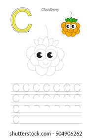 Vector illustrated worksheet to preschool children learn handwriting, the page to be traced for gaming and education with easy educational kid game level. Tracing worksheet for letter C, cloud berry.