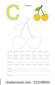 Vector illustrated worksheet to preschool children learn handwriting. Page to be traced for gaming and education with easy educational kid game level. Tracing worksheet for letter C. Cherries.