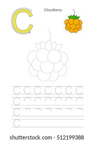 Vector illustrated worksheet to preschool children learn handwriting. Page to be traced for gaming and education with easy educational kid game level. Tracing worksheet for letter C. Cloud berry.