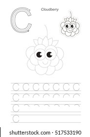 Vector illustrated worksheet to preschool children learn handwriting. Page to be traced for gaming and education with easy educational kid game level. Tracing worksheet for letter C. Cloudberry.
