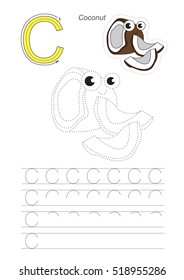 Vector illustrated worksheet to preschool children learn handwriting. Page to be traced for gaming and education with easy educational kid game level. Tracing worksheet for letter C. Coconut.