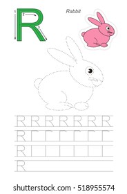 Vector illustrated worksheet to preschool children learn handwriting. Page to be traced for gaming and education with easy educational kid game level. Tracing worksheet for letter R. Rabbit.