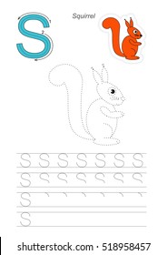 Vector illustrated worksheet to preschool children learn handwriting. Page to be traced for gaming and education with easy educational kid game level. Tracing worksheet for letter S. Squirrel.